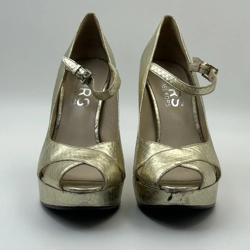 KORS Michael Kors Platform Pumps Womens‎ 8M Gold Metallic Leather Mary Jane Glam